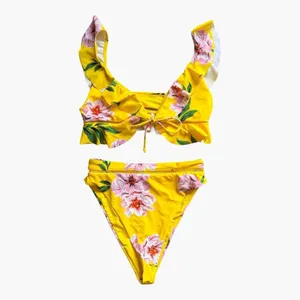 Tobi Yellow Floral Ruffle Bikini Set Women’s Small Tie Front High Cut Boho Pool thumbnail 3
