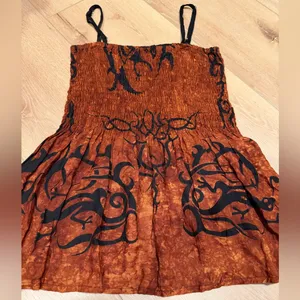 Peaceful People Boho Smocked Tank Top Brown Black Tribal Print Size L thumbnail 4