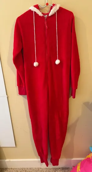 Cozy Red Hooded Fleece One-Piece Pajama with Pom-Tie Hood thumbnail 1