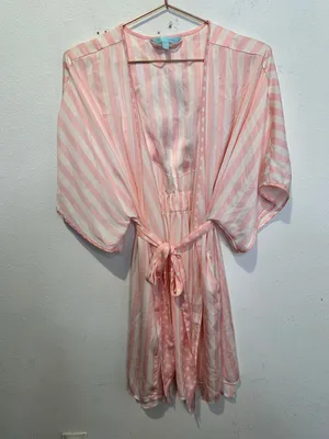 Betsey Johnson Pink White MRS Bridal Striped Kimono Robe Embroidered sz Medium thumbnail 2