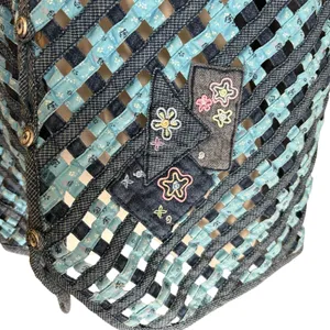 NAPA VALLEY Denim Vest SZ 1X Mixed Media Patches Open Weave Embroidery Western thumbnail 7