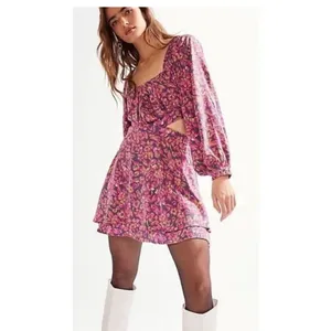 Free People Jeal Bohemian Floral Cutout Dress Pink Long Sleeve Dress Medium thumbnail 3