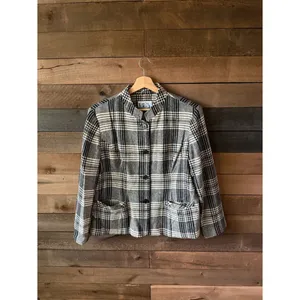Vintage 90s Plaid Wool Blend Jacket Gray Black Cream Minimalist Coat thumbnail 5