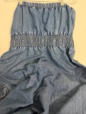 indulge Blue Denim Strapless Jumpsuit with Smocked Waist thumbnail 5
