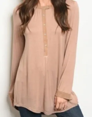 Very J Henley Button Neck Hi-Low Top Blouse Roll Sleeve Taupe Medium thumbnail 1