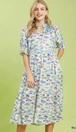 Umgee Print Tiered Midi Dress - Blue - Small thumbnail 1