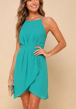 Lulu's Teal Halter Mini Wrap Dress thumbnail 1