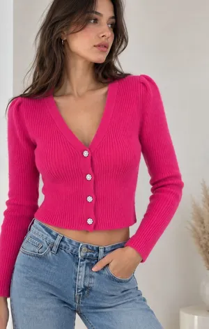 ZARA Hot Pink Fuchsia Cropped Ribbed Cardigan Rhinestone Buttons M thumbnail 1