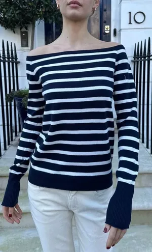 Brandy Melville blue and white striped sweater off the shoulder thumbnail 1