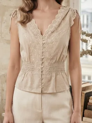 Y2K Vintage Rampage Bohemian Beige Lace-Trim Button Front Sleeveless Top thumbnail 1