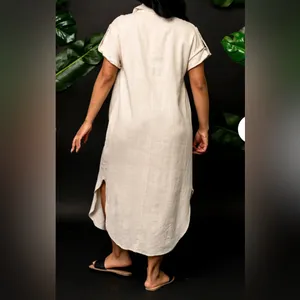 Tan Smocked Linen Blend Maxi Sundress thumbnail 2