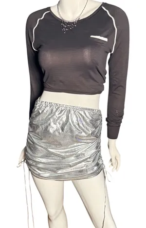 Silver Metallic Ruched Mini Skirt Medium Festival Rave Wear Liquid Shine Bodycon thumbnail 1