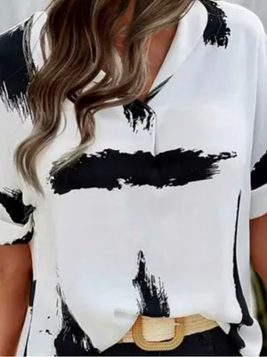 SheIn Abstract Brushstroke White & Black V-Neck Blouse thumbnail 3