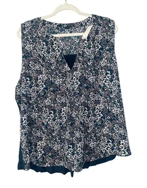 Loft Floral Print‎ Split V Neck Sleeveless Blouse, XL thumbnail 1