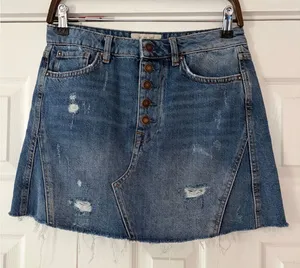 We The Free People Denim Mini Skirt Button Fly Distressed Raw Hem Blue‎ Size 28 thumbnail 1