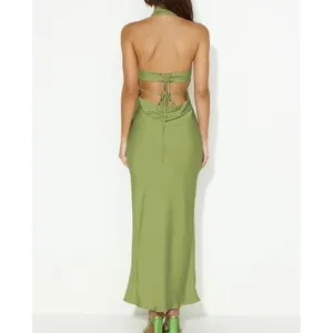 NWT Olive Green Satin Halter Neck‎ Backless Maxi Dress Formal Wedding - XL thumbnail 2