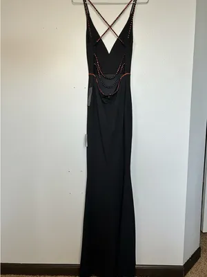 Lulu's Black V-Neck Evening Gown with Subtle Red Trim thumbnail 3