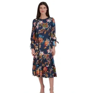 Julia Jordan Floral Print Tie Waist Tiered Midi Dress Blue Multi Drawstring M thumbnail 7