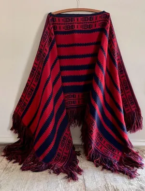 Vintage Red Navy Tribal Stripe Knit Blanket Poncho Fringe OS Western Cowgirl thumbnail 1