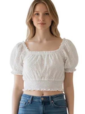 Ocean Drive white eyelet milkmaid cottagecore smocked hemline cropped boho top M thumbnail 1
