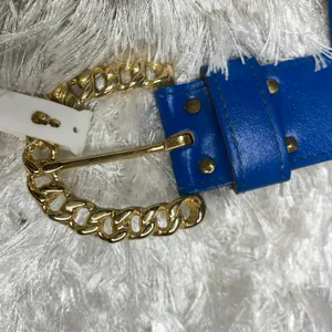 Royal Blue Leather Deadstock Wide Belt Gold "Chain" Buckle Sz XL thumbnail 4