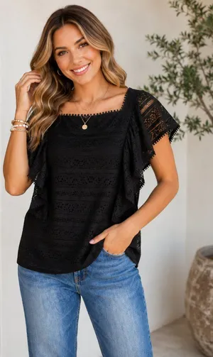Black Lace Flutter Sleeve Square Neck Boho Top NWT Size M thumbnail 1