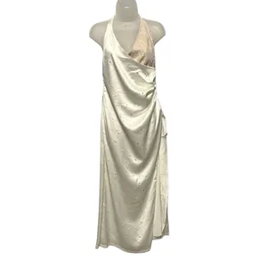 Women's Rhinestone Cream Lace Halter Maxi Dress Size Small thumbnail 2