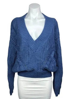 Urban Outfitters LARGE Blue Chunky Cable Knit Long Sleeve V-Neck Sweater Top thumbnail 1