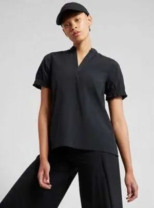 Athleta Levitate Poplin Tee Black V-Neck Smocked Puff Sleeve Top XL 798890 thumbnail 1