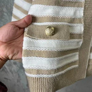 J.Crew Striped Cardigan LG Gold Button Pockets Nautical Khaki Ivory Texture‎ New thumbnail 7