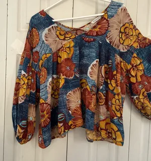 Bucketlist Blouse Womens M Floral V-Neck Balloon Sleeve Tunic Blue Cotton thumbnail 1