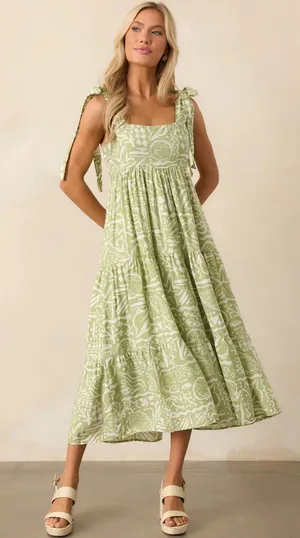 Blu Pepper midi dress bows olive tropical doodles tie straps square neck tiered thumbnail 1