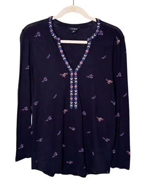 Lucky Brand Black Colorful Floral Embroidered Tunic Top Size S thumbnail 1