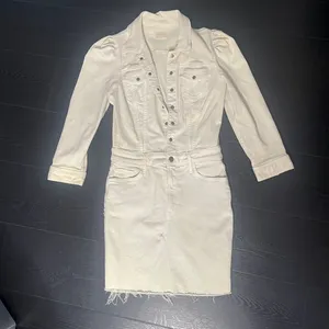 MOTHER Denim Cream Puff Shoulder‎ Raw Hem Mini Dress Long Sleeve Off White Small thumbnail 2
