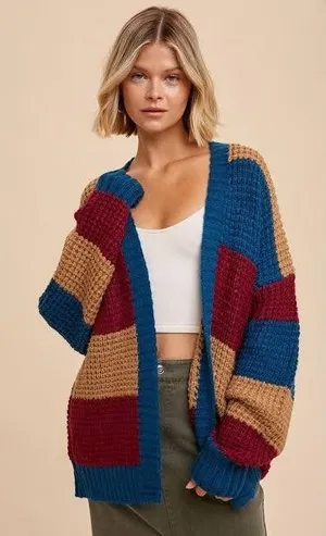 Baltic Born‎ Jonah Chunky Knit Cardigan Womens S/M NWT Striped Waffle Sweater thumbnail 1