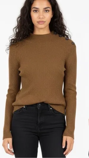 Sanctuary Woman’s Brown Ribbed Mock Neck Sweater with Button Detail — Size XL thumbnail 1