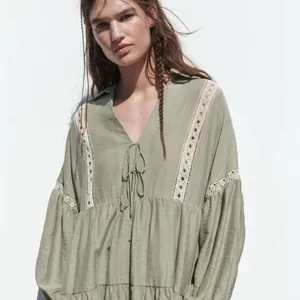 ZARA Boho Tiered Flowy‎ Mini Dress Sz Small Loose Fit Lace Green Tie thumbnail 2