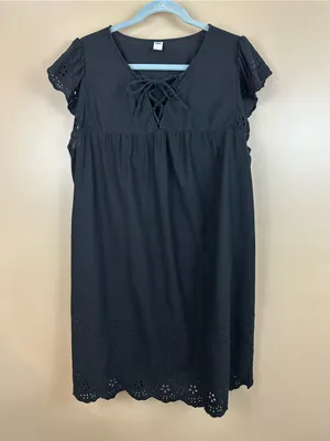 Old Navy Black Linen Blend Eyelet Lace Flutter Sleeve Empire Swing Dress Large thumbnail 6