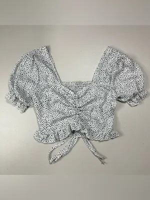 SHEIN White Black Polka Dot Ruched Tie Front Puff Sleeve Crop Top Size M thumbnail 2