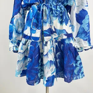 NWOT Cotton Blue Floral V Neck Mini Dress Size L thumbnail 4