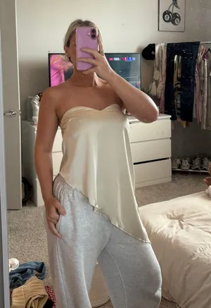 Asymmetrical Silk Flowy Top Tan thumbnail 1