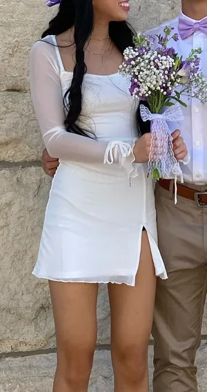 thatssofetch White Mini Dress with Sheer Long Sleeves thumbnail 1