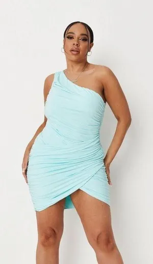 Missguided Light Blue Slinky Ruched One Shoulder Mini Dress - size 18 NWT thumbnail 1