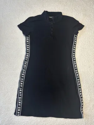 DKNY Sport Black Logo Tape Quarter Zip Mini Dress Short Sleeve Sporty Bodycon S thumbnail 1