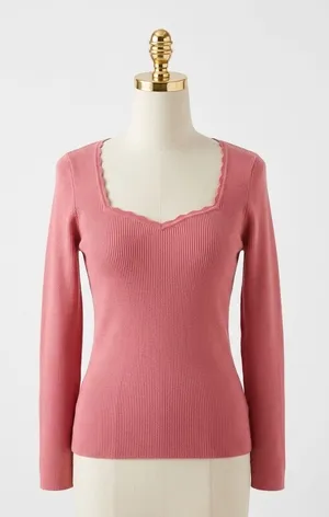 Old Navy Sweetheart Square Neck Pink Ribbed Knit Long Sleeve Top Plus Size 2X thumbnail 1
