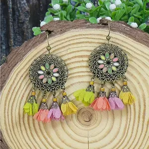 Boho Zinc Alloy Wood Retro Flower Design Tribal‎ Necklace & Earrings Set thumbnail 4