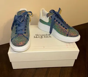 ALEXANDER MCQUEEN Womens‎ Blue Glitter-1-1/2" Platform Wedge Sneakers Shoes 37.5 thumbnail 1