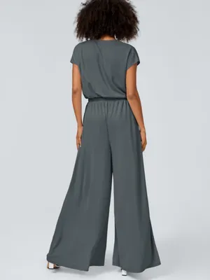 NWOT Halara Grey V Neck Short Sleeve Wide Leg Flowy Waffle Casual Jumpsuit thumbnail 2