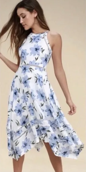 NWT Lulus Lovely White Blue Floral Print 100% Cotton Midi Dress Women's Size XL thumbnail 1
