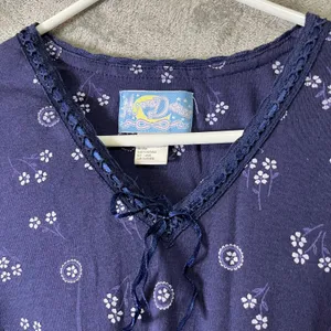 Vintage Navy Floral Peasant Blouse Tie Neck Long Sleeve Large‎ Blue Dainty Y2K thumbnail 6